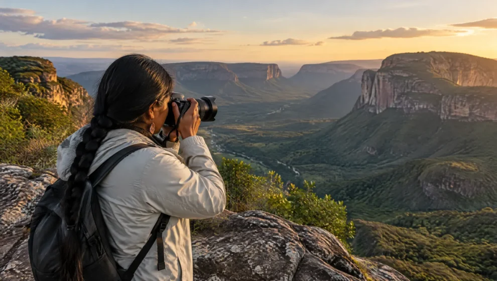 Fotógrafa de viagem enquadrando uma paisagem de montanha com câmera mirrorless e lente zoom num mirante