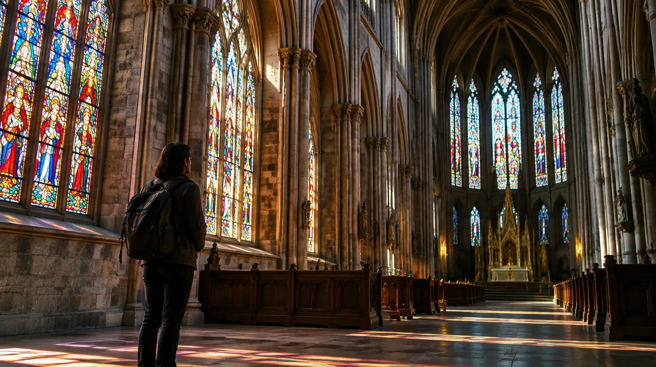 Vitrais coloridos de catedral gótica em León, no Caminho de Santiago
