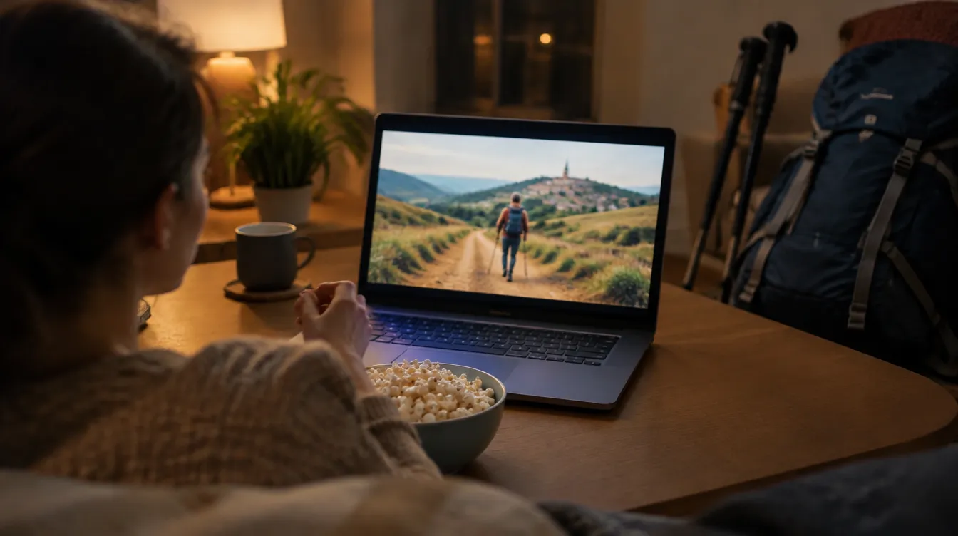 Pessoa assistindo a filme de viagem no notebook, inspiração antes do Caminho de Santiago