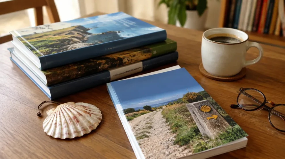 Livros sobre peregrinação com concha sobre a mesa: livros e filmes sobre o Caminho de Santiago