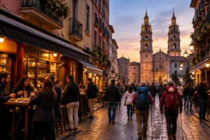 Centro histórico de Logroño ao anoitecer, parada do Caminho de Santiago em La Rioja