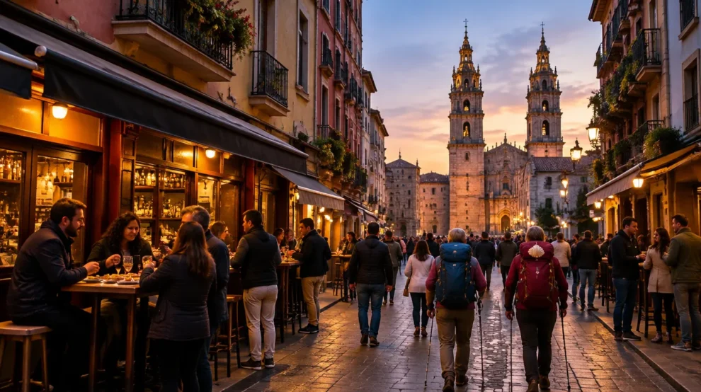 Centro histórico de Logroño ao anoitecer, parada do Caminho de Santiago em La Rioja