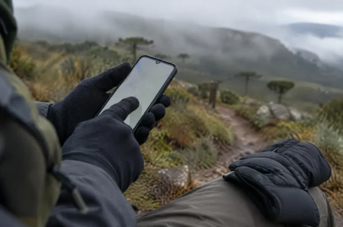 Mãos com luva fina de fleece usando o celular durante pausa em trilha fria de serra