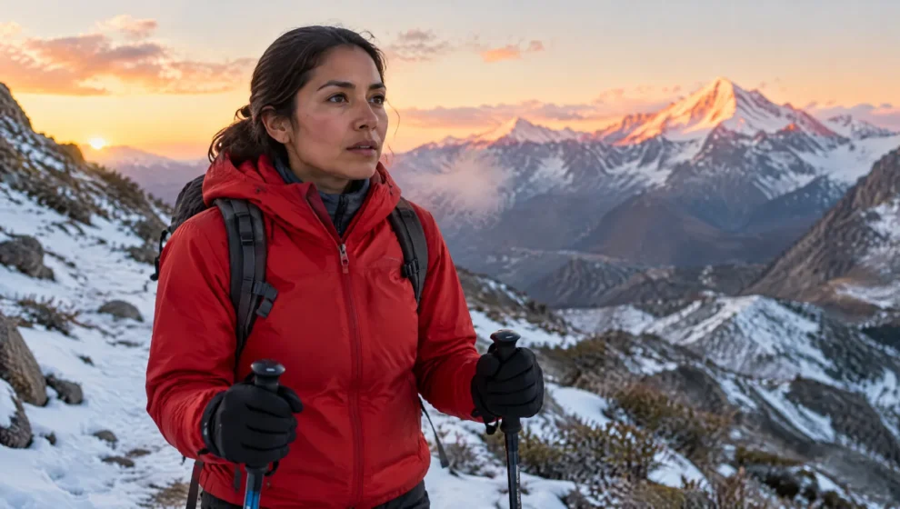Montanhista com luvas isoladas segurando bastões em trilha com neve ao amanhecer