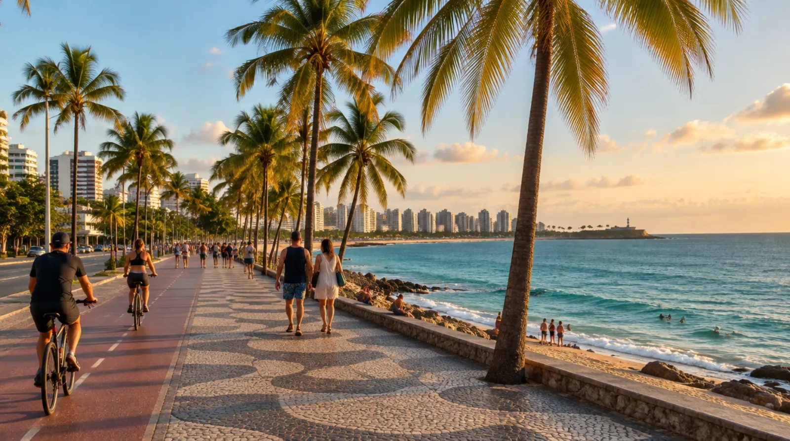 Calçadão à beira-mar com coqueiros, pessoas caminhando e pedalando ao fim da tarde