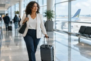 Viajante caminhando por saguão de aeroporto internacional puxando mala rígida de quatro rodas