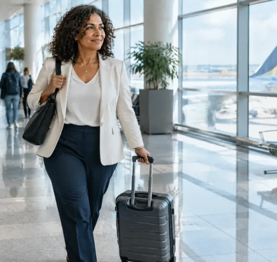 Viajante caminhando por saguão de aeroporto internacional puxando mala rígida de quatro rodas