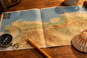 Mapa do Caminho de Santiago em papel com bússola e concha sobre a mesa