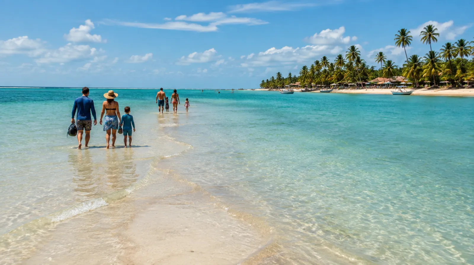 Banco de areia que surge na maré baixa, com famílias caminhando mar adentro