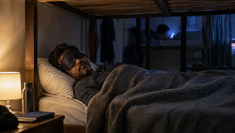 Viajante dormindo no beliche de um hostel com máscara de dormir enquanto a luz de um celular ilumina o quarto