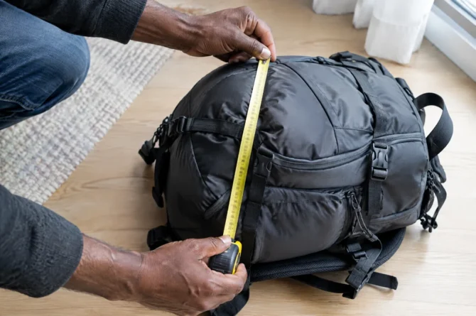 Mãos medindo com fita métrica a profundidade de uma mochila de viagem cheia sobre o chão