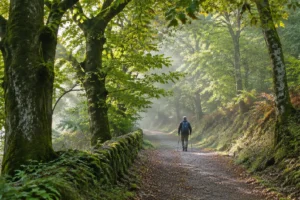 Peregrino caminhando devagar em bosque galego, prática de meditação caminhando no Caminho de Santiago