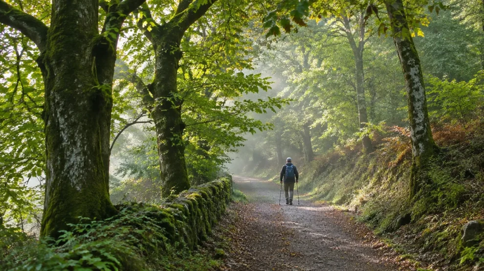 Peregrino caminhando devagar em bosque galego, prática de meditação caminhando no Caminho de Santiago