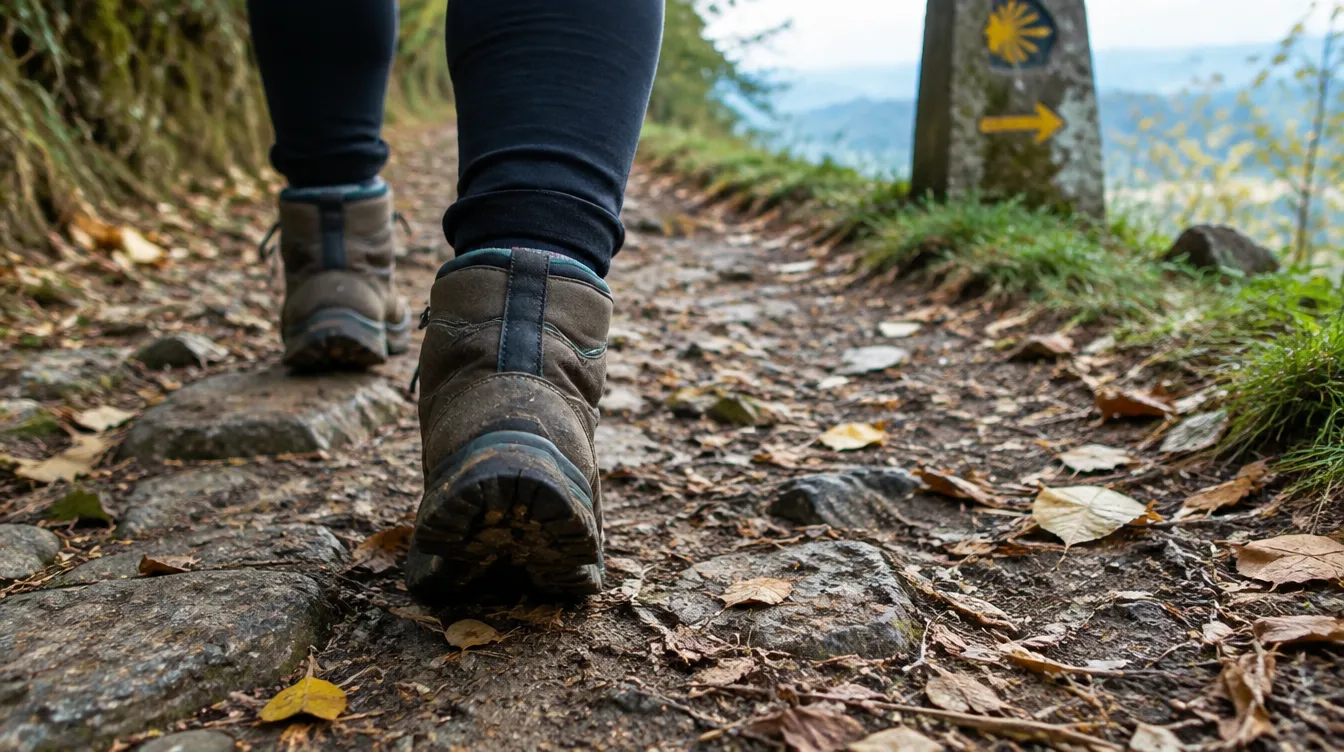 Botas pisando a trilha com atenção, meditação caminhando no Caminho de Santiago