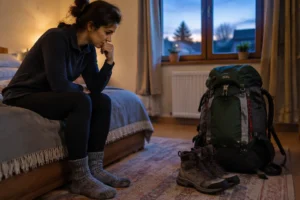 Pessoa olhando a mochila antes da viagem, com medo de não aguentar o Caminho de Santiago