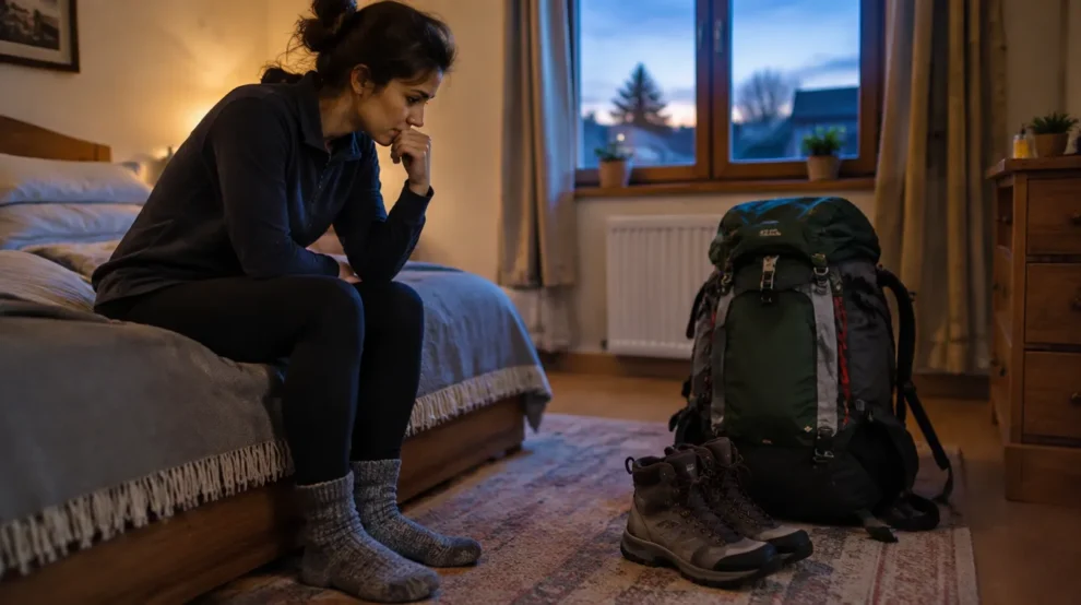 Pessoa olhando a mochila antes da viagem, com medo de não aguentar o Caminho de Santiago