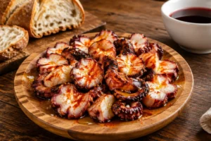 Prato de polvo à feira com páprica e azeite, especialidade de Melide