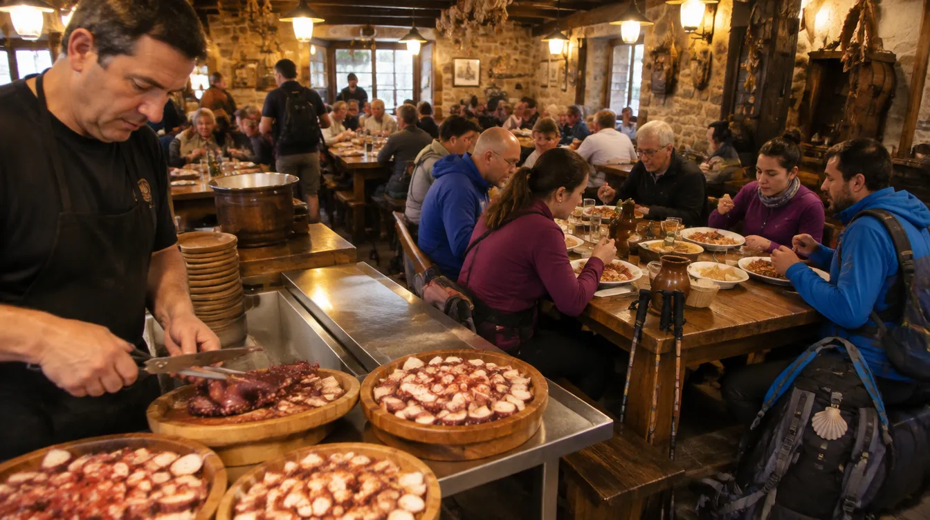 Pulperia tradicional em Melide com peregrinos comendo polvo à feira