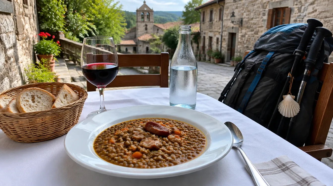 Menu do peregrino com ensopado de lentilha, pão e vinho em terraço de vila no Caminho de Santiago