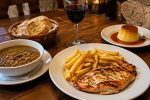 Menu do peregrino com sopa, frango com batatas, pão, vinho e pudim