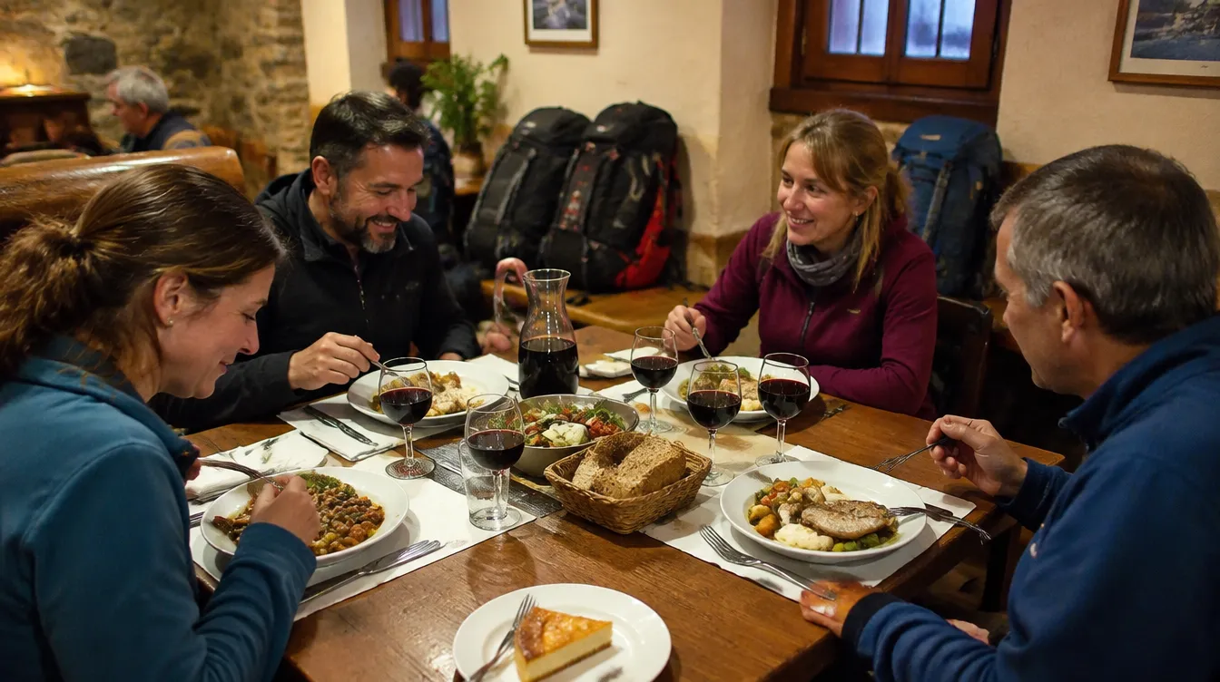 Peregrinos comendo o menu do peregrino em restaurante de vilarejo