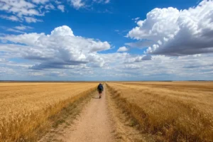 Trilha reta até o horizonte na Meseta do Caminho de Santiago