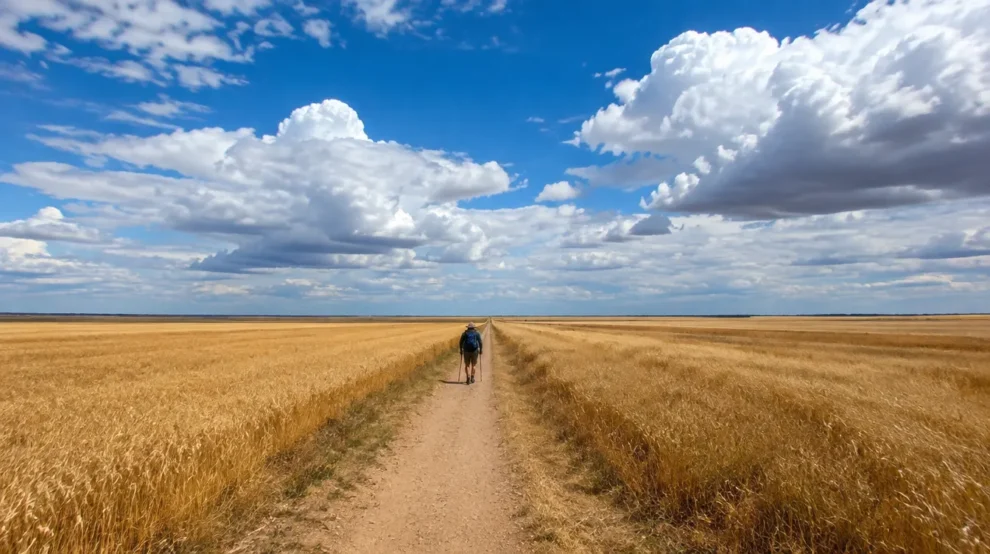 Trilha reta até o horizonte na Meseta do Caminho de Santiago