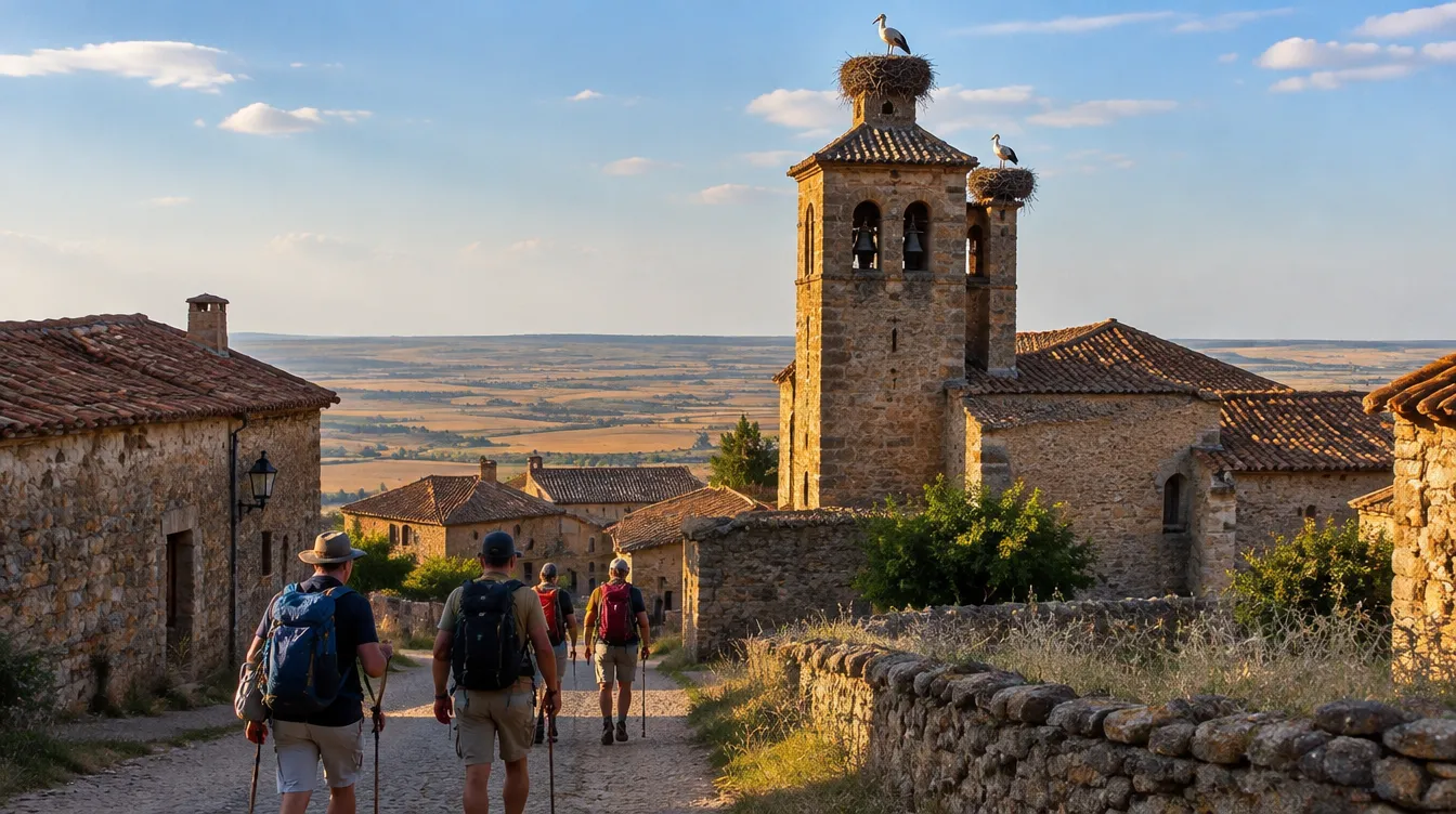 Vilarejo de adobe com torre e ninhos de cegonha na Meseta do Caminho de Santiago