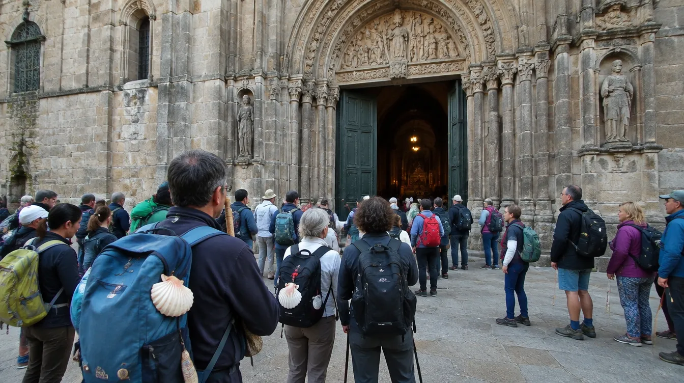 Peregrinos aguardando na entrada da igreja antes da Missa do Peregrino em Santiago