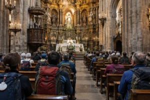 Peregrinos assistindo à Missa do Peregrino em Santiago