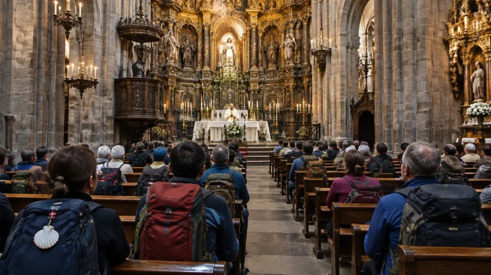 Peregrinos assistindo à Missa do Peregrino em Santiago