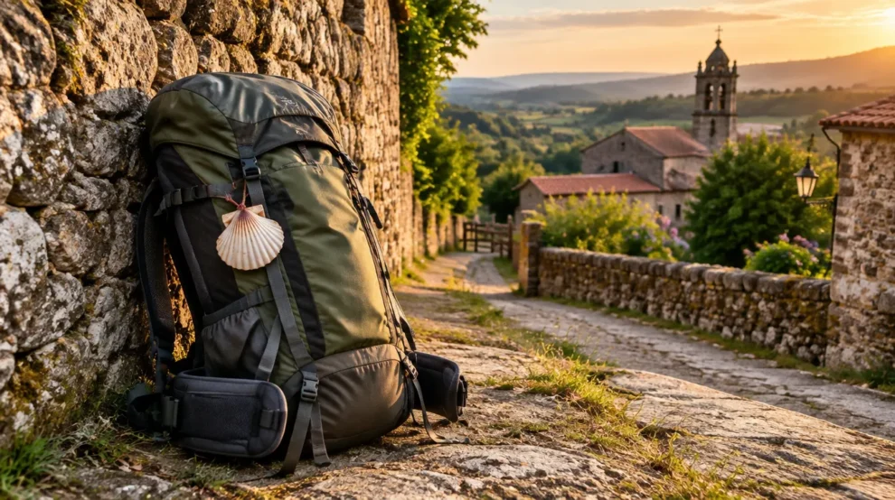 Mochila de 35 litros com concha encostada em muro de pedra no Caminho de Santiago