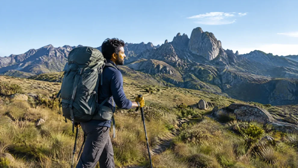 Trekker com mochila cargueira grande atravessando campo de altitude com picos rochosos ao fundo