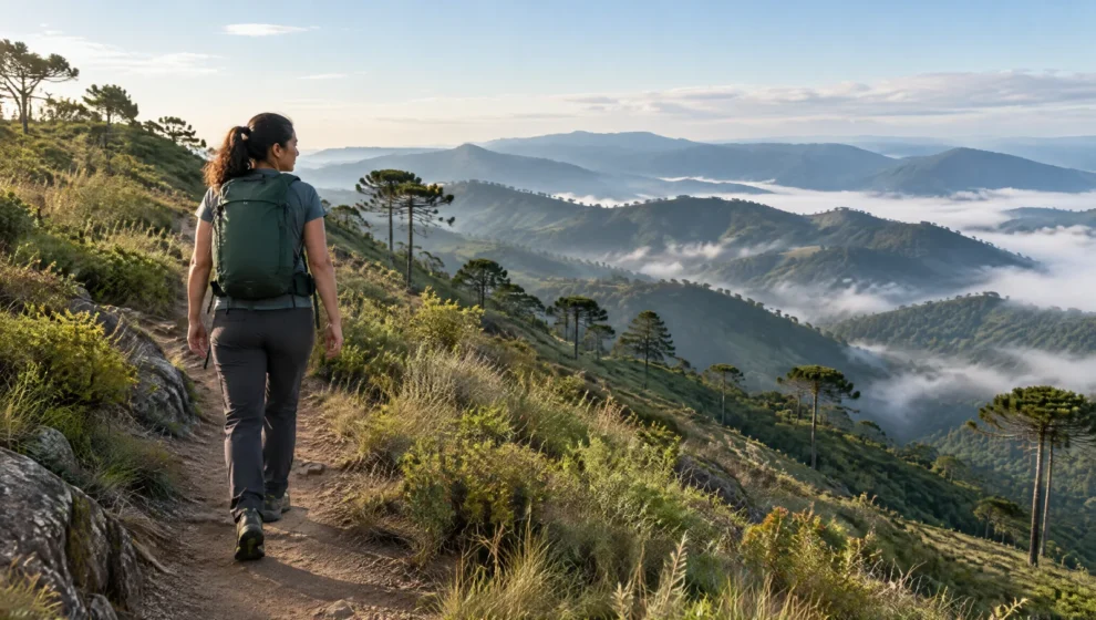 Mulher caminhando em trilha de montanha com mochila de ataque verde, araucárias e vales com neblina ao fundo