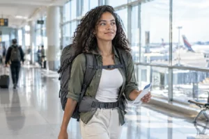 Viajante com mochila de viagem nas costas caminhando no saguão de um aeroporto