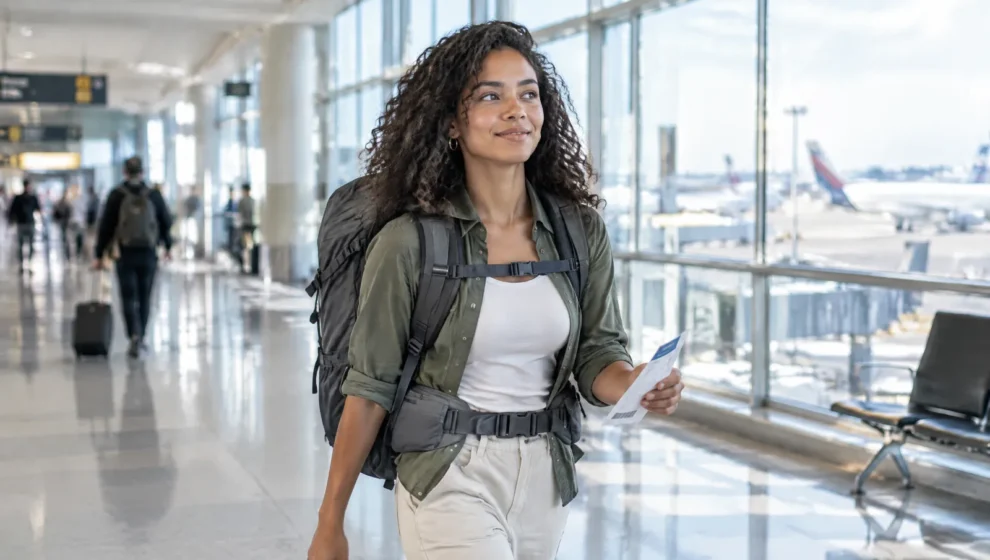 Viajante com mochila de viagem nas costas caminhando no saguão de um aeroporto