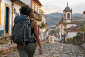 Viajante com mochila cargueira nas costas caminhando por rua de pedra em cidade histórica ao fim da tarde