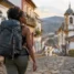 Viajante com mochila cargueira nas costas caminhando por rua de pedra em cidade histórica ao fim da tarde