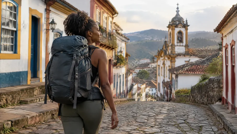 Viajante com mochila cargueira nas costas caminhando por rua de pedra em cidade histórica ao fim da tarde