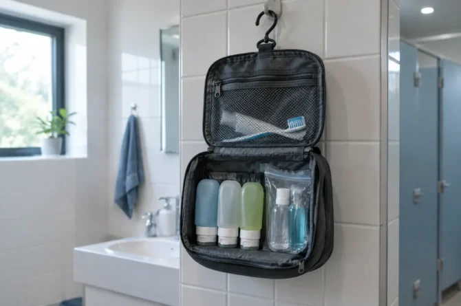 Necessaire pendurada no gancho de um banheiro compartilhado, com frascos de silicone e escova de dentes