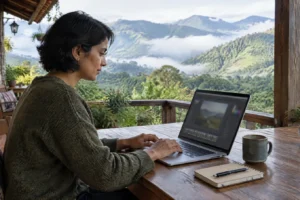 Nômade digital trabalhando num notebook leve numa mesa de varanda de pousada com vista para montanhas