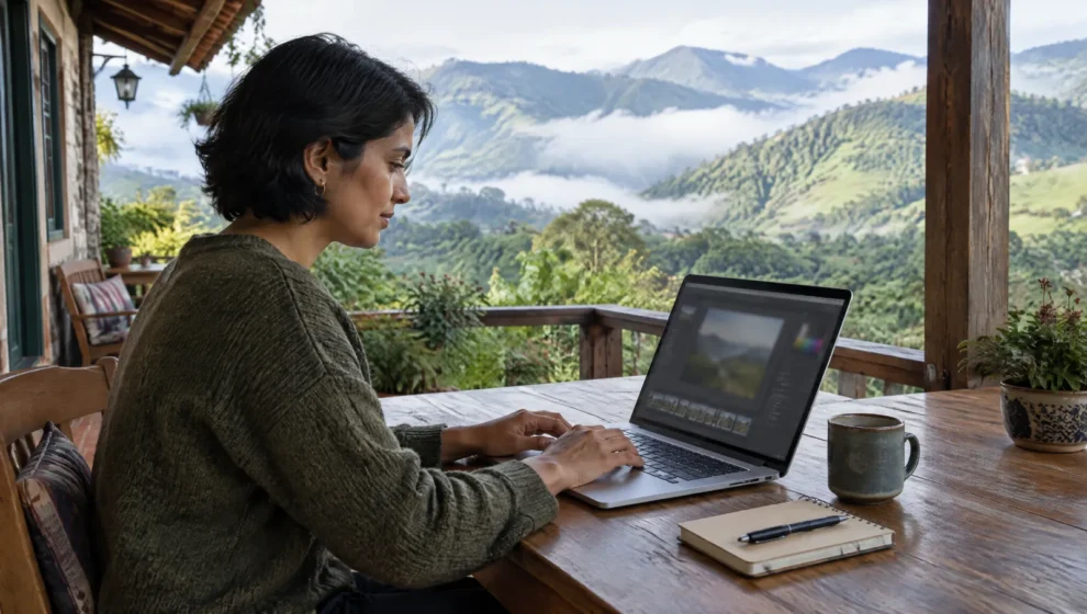 Nômade digital trabalhando num notebook leve numa mesa de varanda de pousada com vista para montanhas