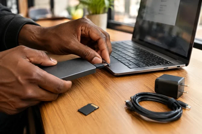 Mãos conectando um SSD externo a um notebook fino ao lado de um cartão de memória e um carregador USB-C compacto