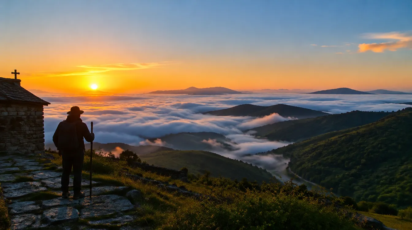 Mar de nuvens visto de O Cebreiro ao amanhecer no Caminho de Santiago