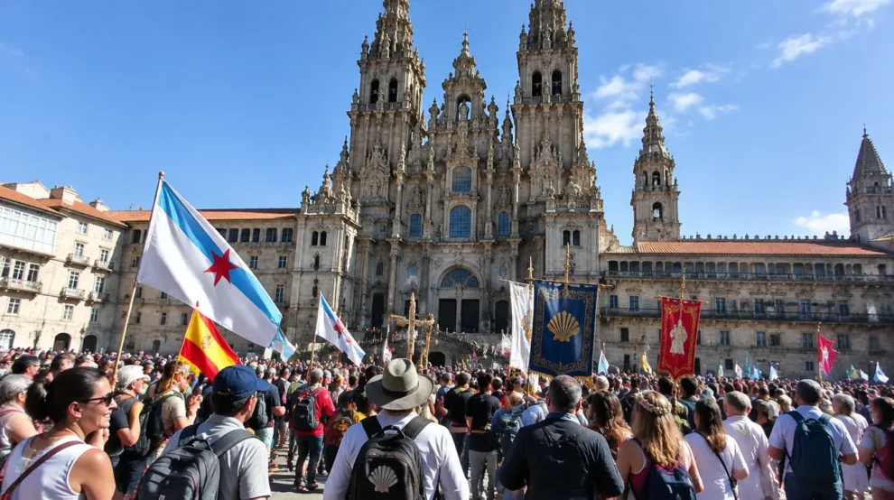 Peregrinos celebrando na Praça do Obradoiro: o que é o Xacobeo e o Ano Santo