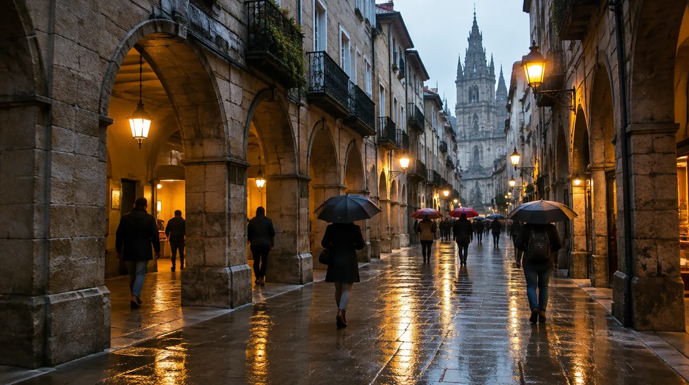 Rua com arcadas na cidade velha, passeio para fazer em Santiago de Compostela