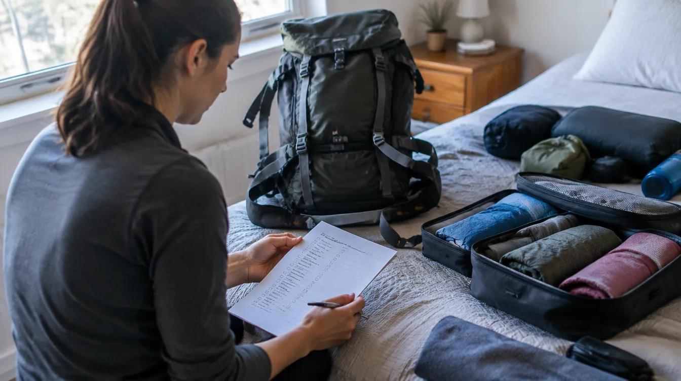 Pessoa arrumando a mochila e conferindo o checklist do que levar para o Caminho de Santiago