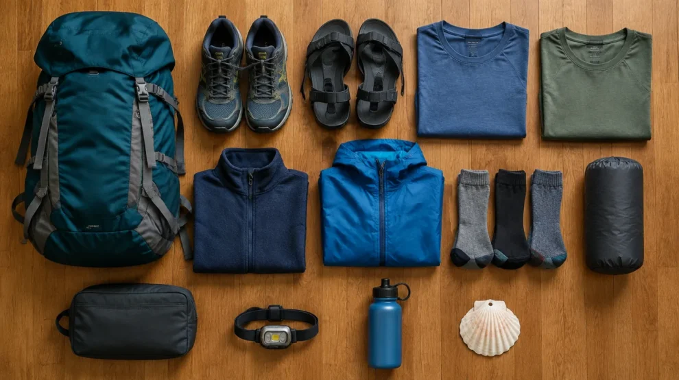 Itens organizados no chão: checklist do que levar para o Caminho de Santiago