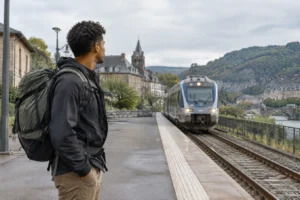 Viajante com mochila média nas costas em estação de trem europeia