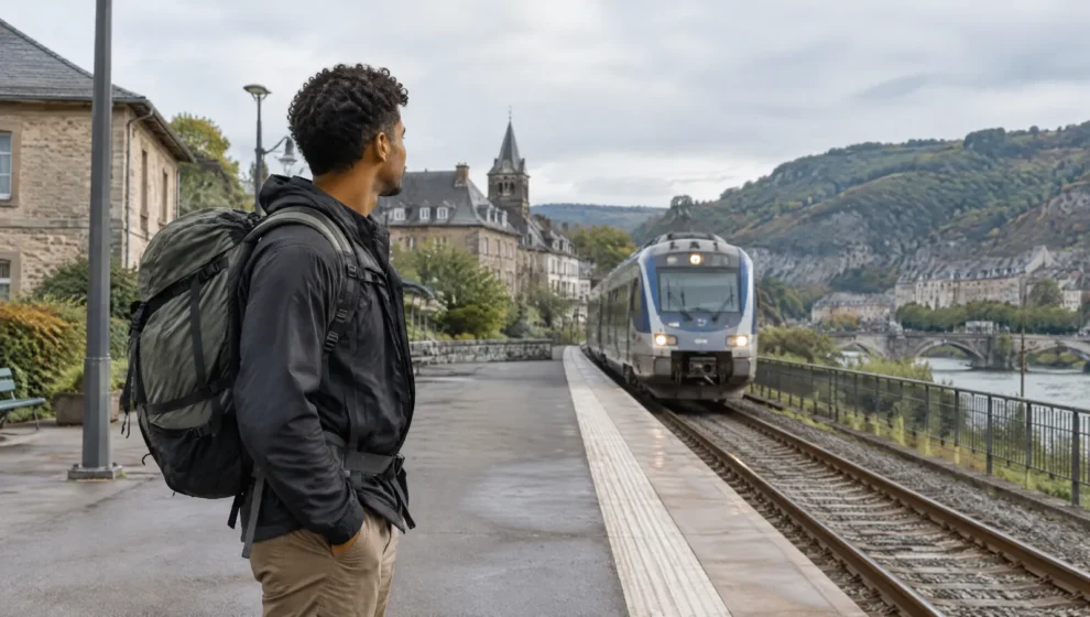 Viajante com mochila média nas costas em estação de trem europeia
